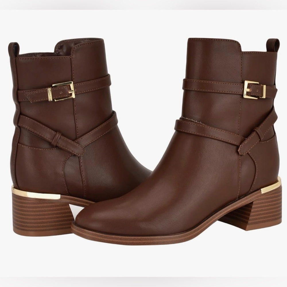 Calvin Klein Brown Ankle Booties with Gold Accents